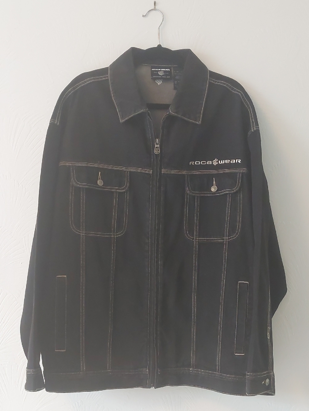 Rocawear Black Denim Jacket, zip-up with contrast stitching